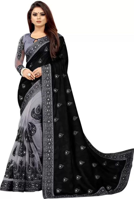 Women's Vichitra Silk Half & Half Embroidered Saree Diwa Half-New